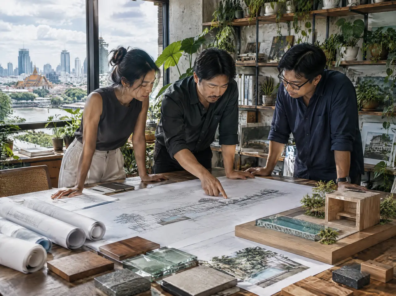 A Thai architect couple and a project engineer leaning over a table of rolled drawings, teak and glass samples and a small timber model of a plunge pool and sauna in a Bangkok studio