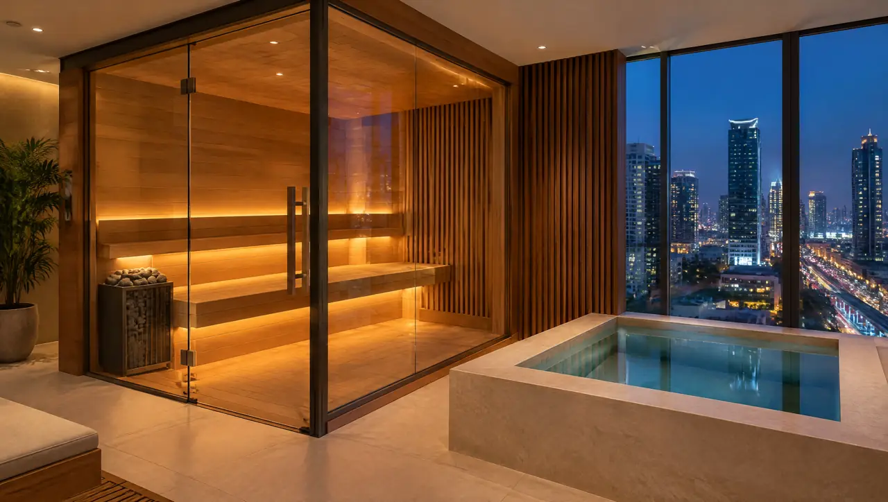 Finished 12 square metre condo recovery room in Bangkok with a compact glass sauna, a small square cold pool and floor-to-ceiling windows to the city lights
