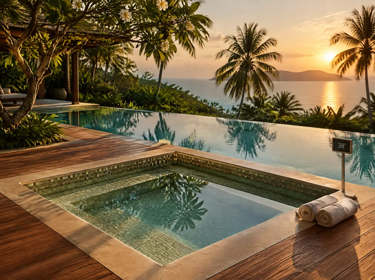 Built-in hot tub lined in sage-gold mosaic, set flush into a teak deck beside a Phuket villa pool, with a seat ledge, jets under the still water and a small display reading 38