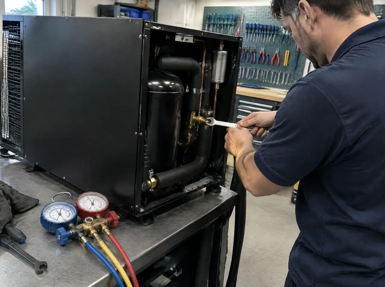 Technician working on a plain black chiller casing on a test bench