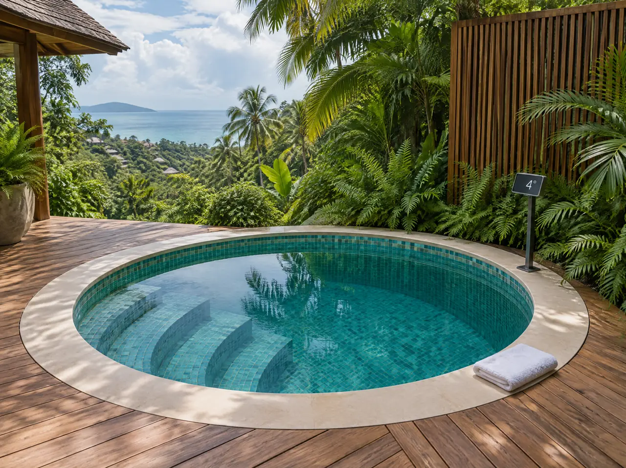 Round lagoon-teal mosaic cold plunge pool set flush into a teak deck on a Koh Samui terrace, with a small temperature display on a slim stand