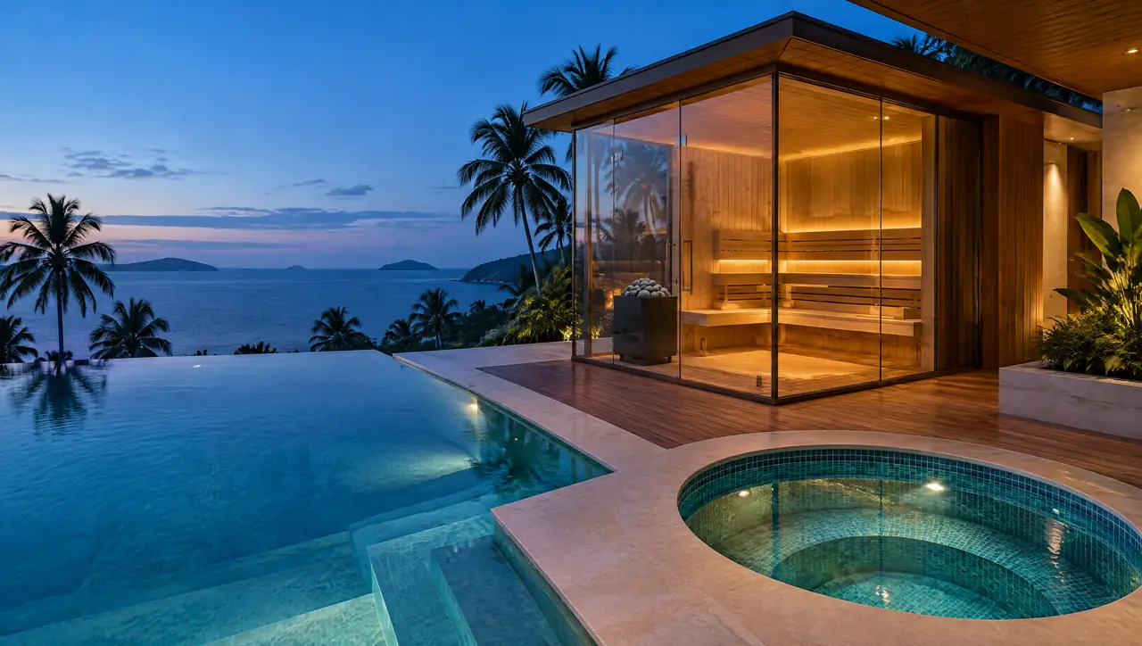 A Layan Beach villa terrace at blue hour with an infinity pool edge, a corner glass sauna and a round plunge pool, with the Andaman Sea and islands beyond
