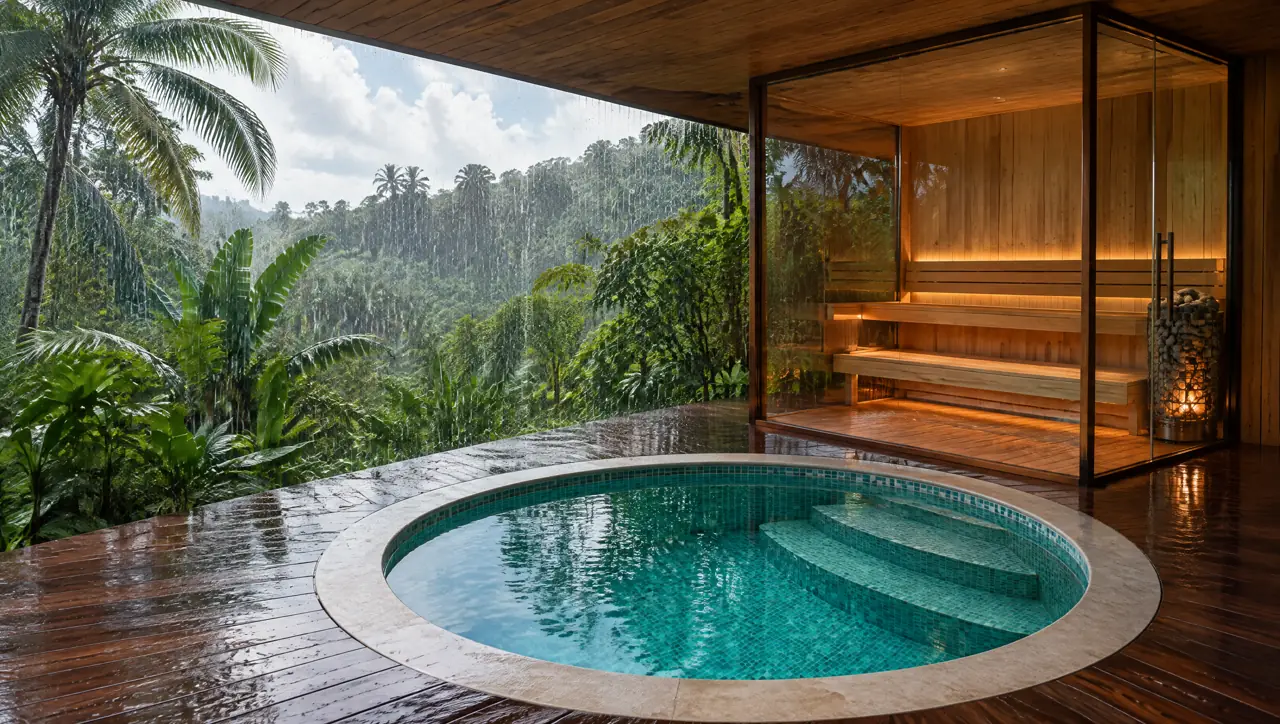 A monsoon downpour beyond the teak roof edge of a villa terrace in Thailand, with a still lagoon-teal plunge pool and a glowing corner glass sauna under cover