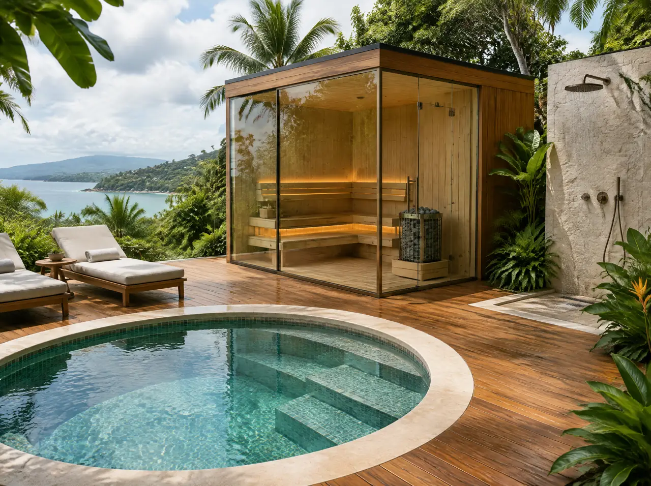 Complete wellness zone on a Phuket villa terrace: corner glass sauna, round plunge pool, teak deck and outdoor rain shower