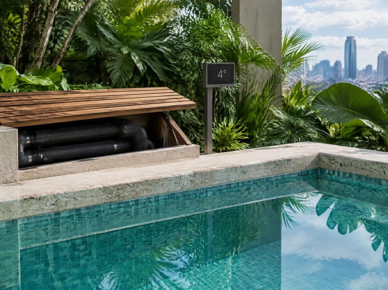 Edge of a small plunge pool in pale stone and teal mosaic with a slatted teak service hatch open on lagged pipes