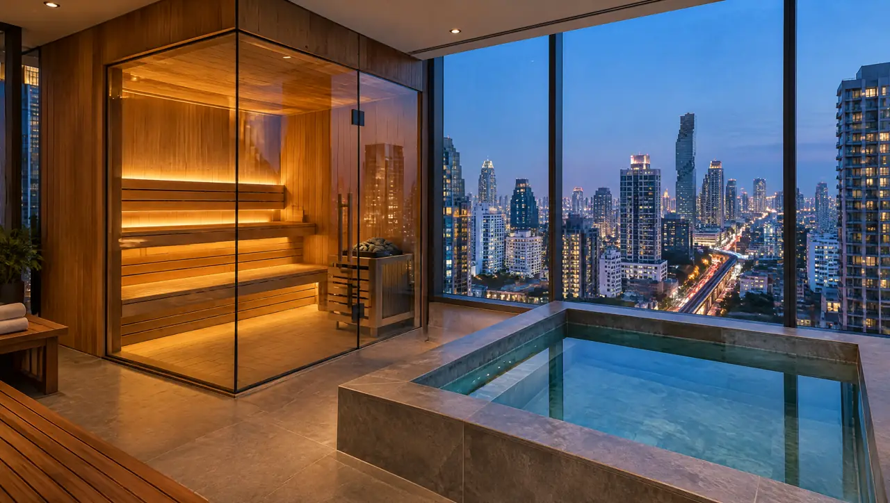 A residents' recovery room on a podium floor of a Bangkok condominium with a compact glass sauna, a small square cold pool and floor-to-ceiling windows to the Sukhumvit skyline