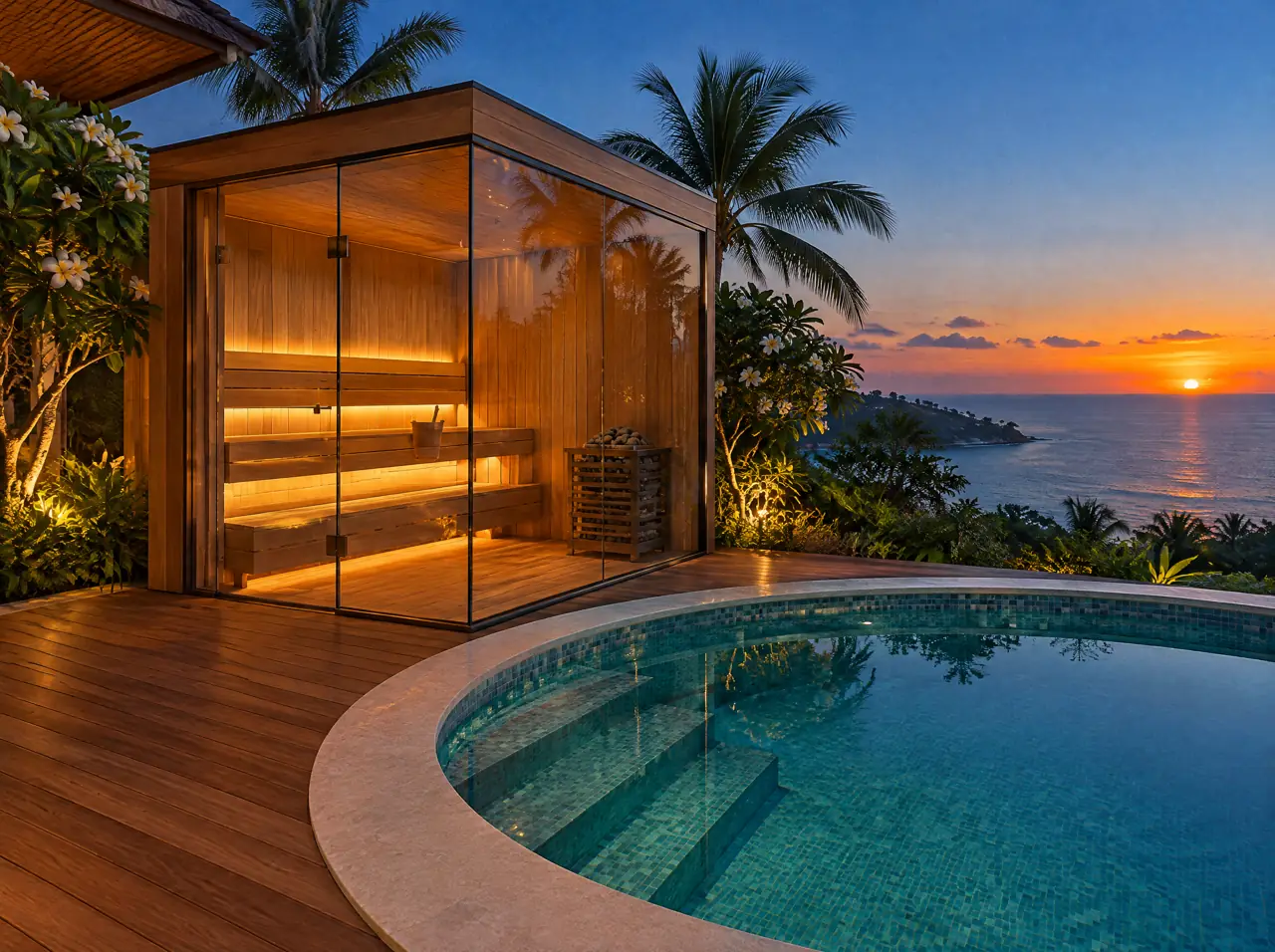 Corner glass sauna in teak and cedar glowing at dusk beside a round plunge pool on a Phuket villa terrace with a sea horizon behind