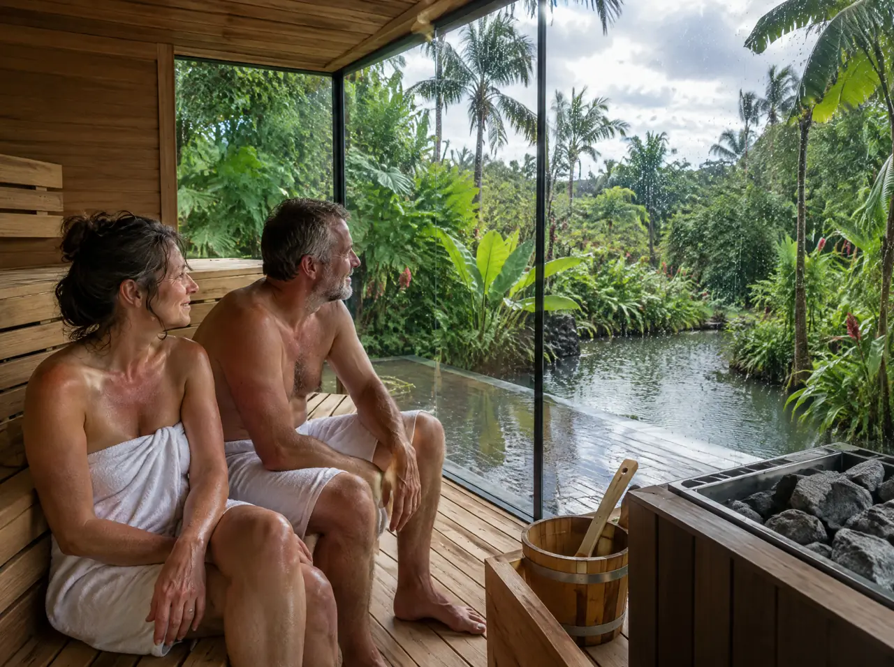 A couple in towels sitting on the lower bench of a glass sauna looking out at a rain-washed tropical garden