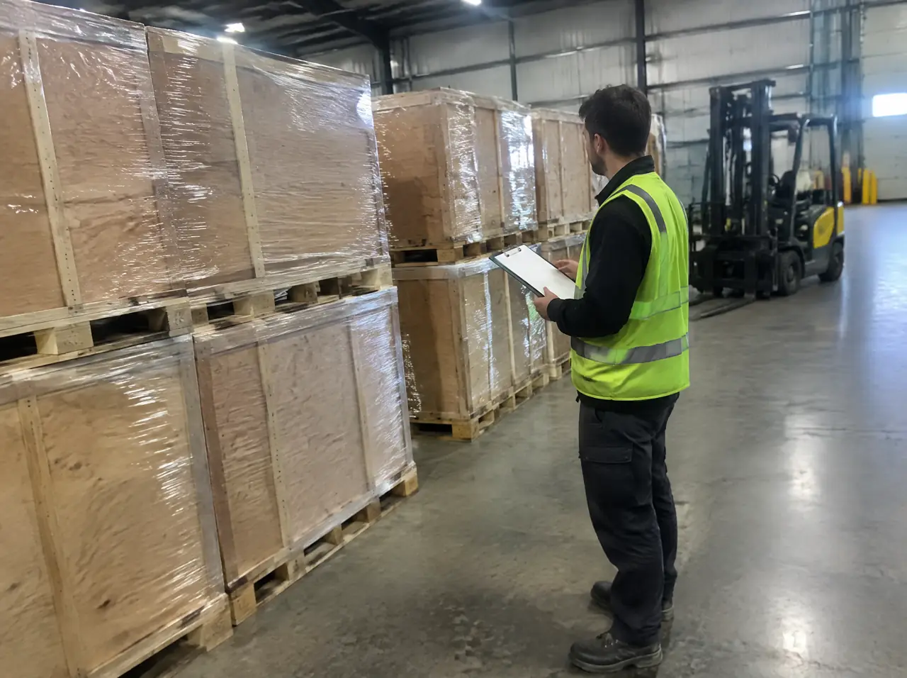 Wooden crates wrapped in plastic film stacked on pallets in a clean bonded warehouse with a worker in a high-visibility vest checking them with a blank clipboard and a forklift behind