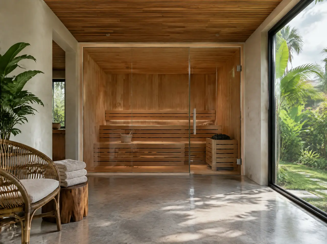 Custom cedar sauna with a full-height glass front and glass door fitted wall to wall into a plastered spa room with a teak slat ceiling in a Hua Hin villa