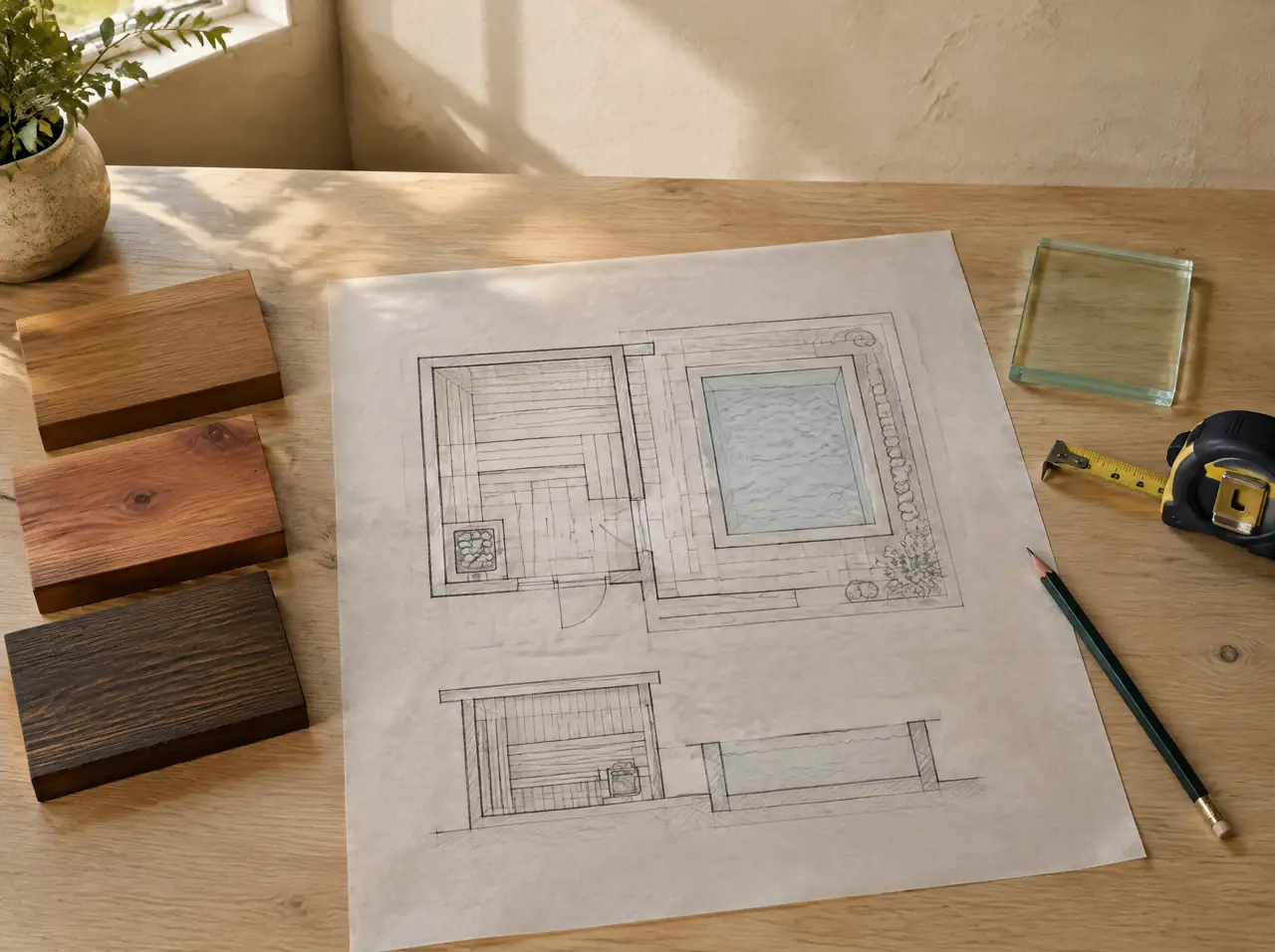 A drawing table from above with a sketched sauna and plunge pool plan on tracing paper, timber sample blocks, a glass sample and a tape measure