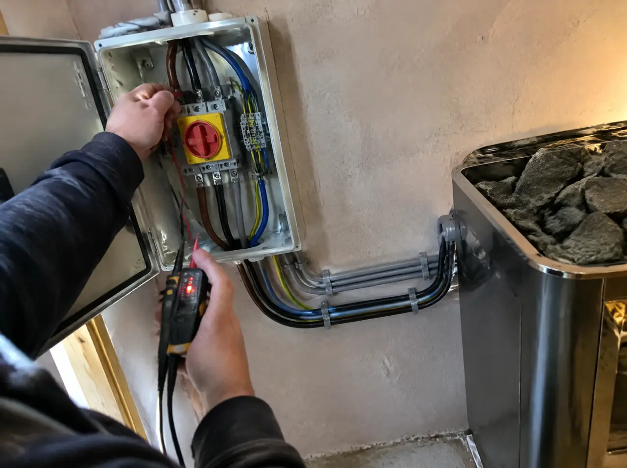 An electrician's hands wiring a three-phase isolator switch box beside a sauna heater supply, with neat conduit, colour-coded cables and a tester in the other hand