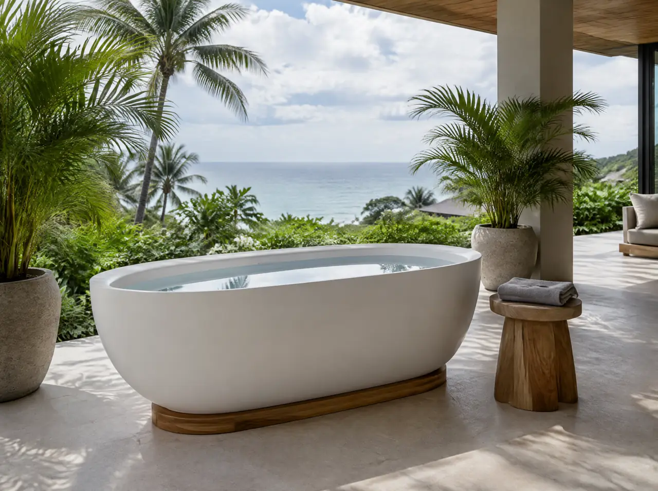 Free-standing matte white ice bath tub on a low teak plinth on a covered terrace with the sea beyond