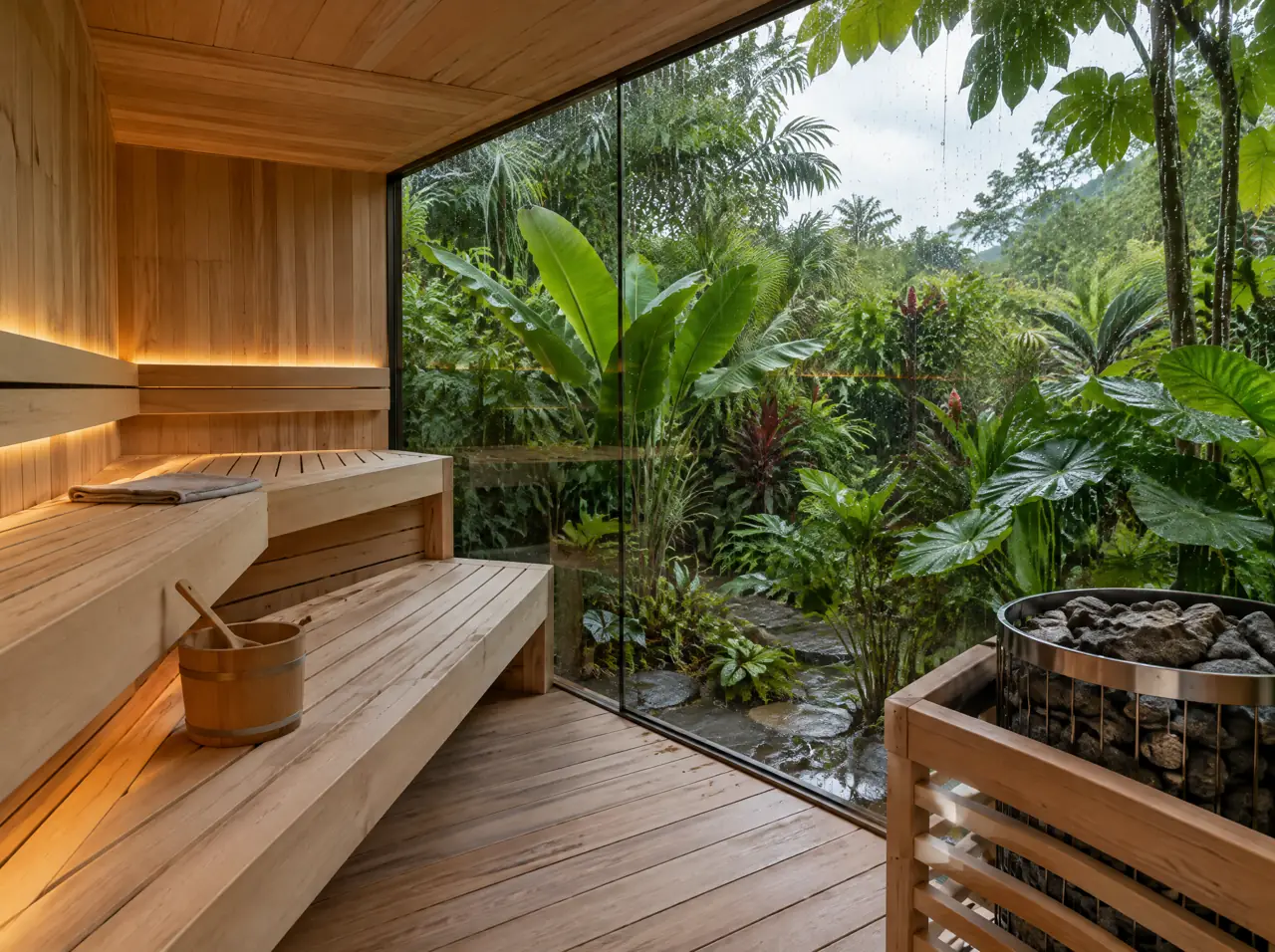 Interior of a glass sauna with cedar benches, a heater with stones, a bucket and ladle and a rain-washed garden outside