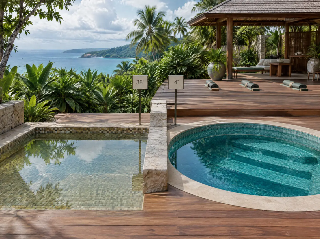 Warm sage-gold mosaic soaking pool and round lagoon-teal cold plunge pool side by side on a teak deck, each with a small display reading 38 and 4