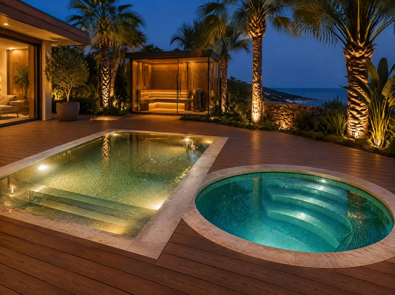 Warm and cold pools at night with soft underwater lights, palms lit from below and a glass sauna glowing behind