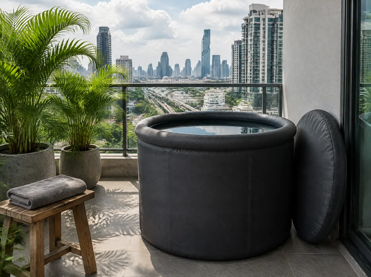 Plain dark drop-stitch inflatable ice bath tub standing on a Bangkok condo balcony with its insulated lid leaning beside it, a grey towel on a stool and the Sukhumvit towers behind