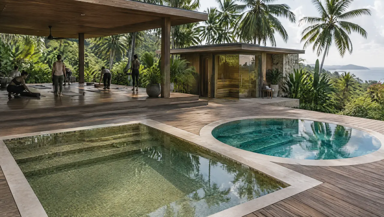 Finished Koh Samui retreat at seven in the morning: a covered yoga deck, steps down to a warm sage-gold pool and a round teal cold pool, and a spa pavilion with a glass sauna