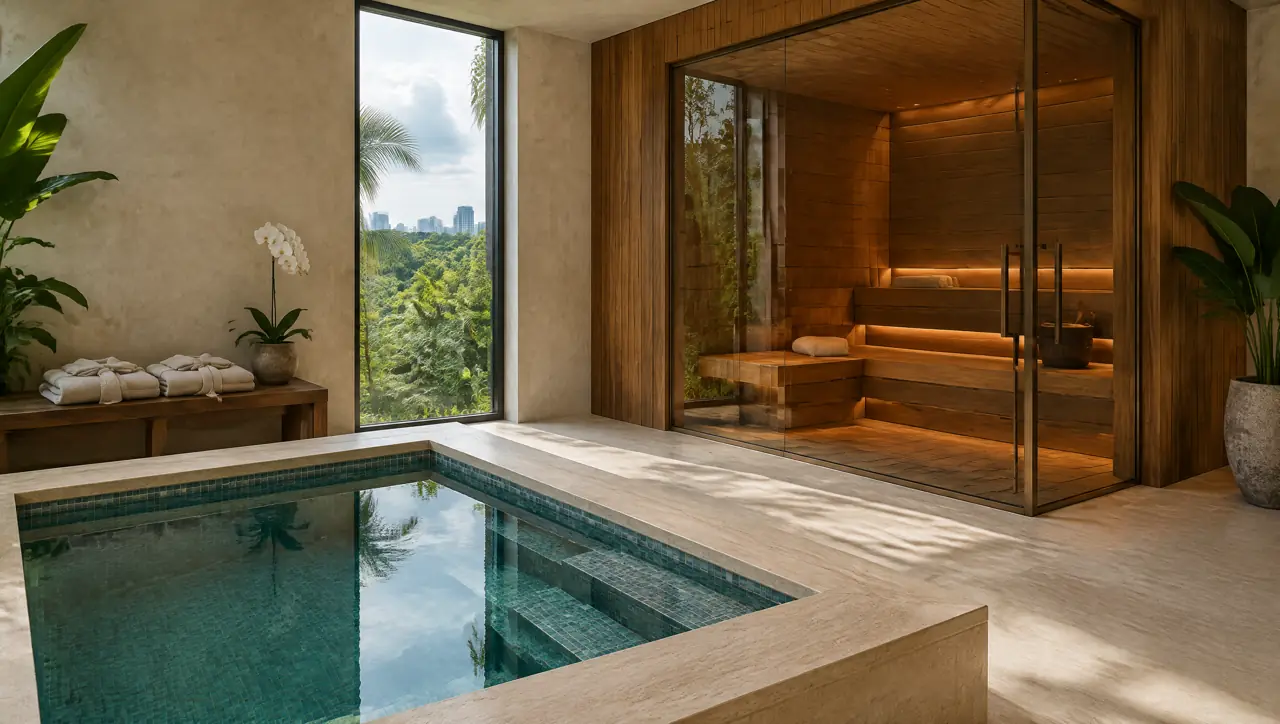 A calm contrast-therapy room with limewashed walls, a glass-fronted sauna, a small square plunge pool with a travertine edge, folded linen robes and an orchid, in a Bangkok longevity clinic
