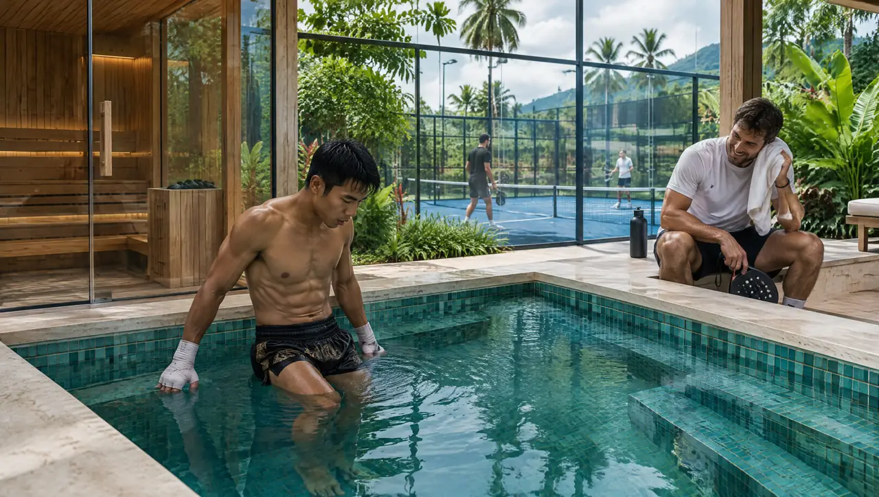 A Muay Thai fighter with wrapped hands lowering himself into a square plunge pool beside a corner glass sauna while a padel player sits on the edge with a towel, a padel court visible behind glass