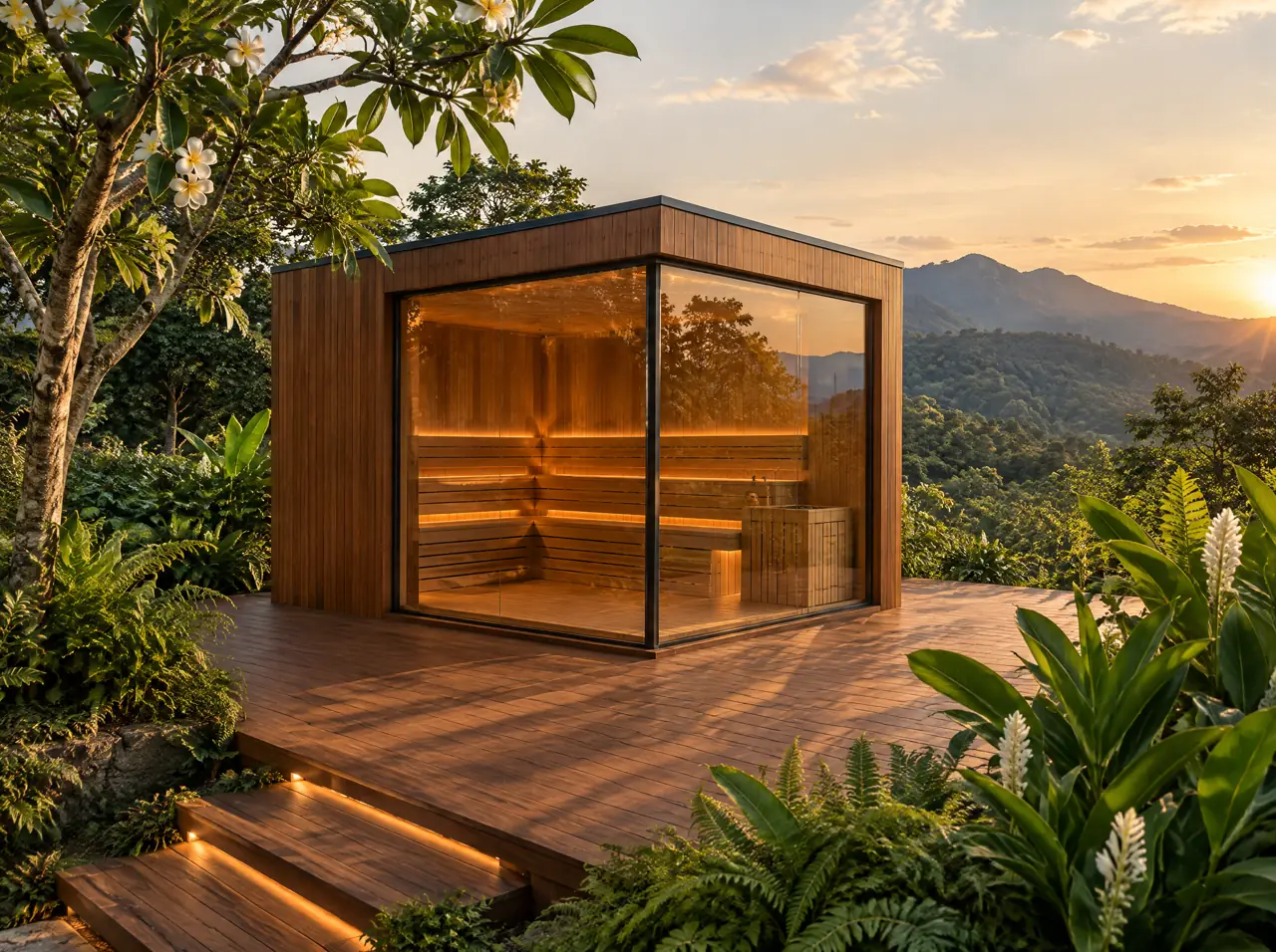 Free-standing outdoor sauna with two glass walls clad in teak on a wide teak deck among ferns and frangipani with lit steps and forested ridges behind, Chiang Mai