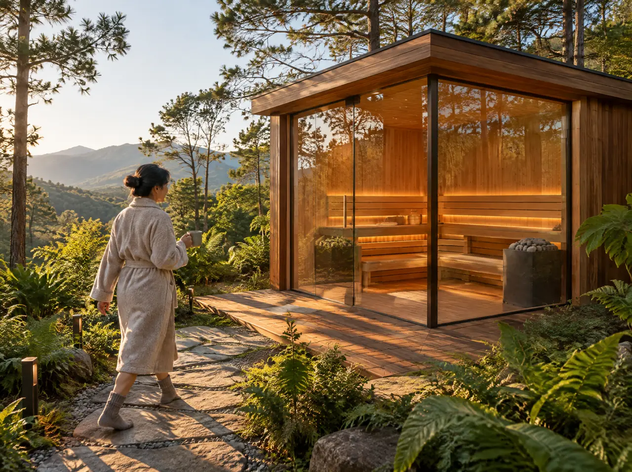 A Thai woman in a wool robe and thick socks walking a lit stone path to a corner glass sauna on a teak deck among pines and ferns on a clear cool morning, a mug in her hand