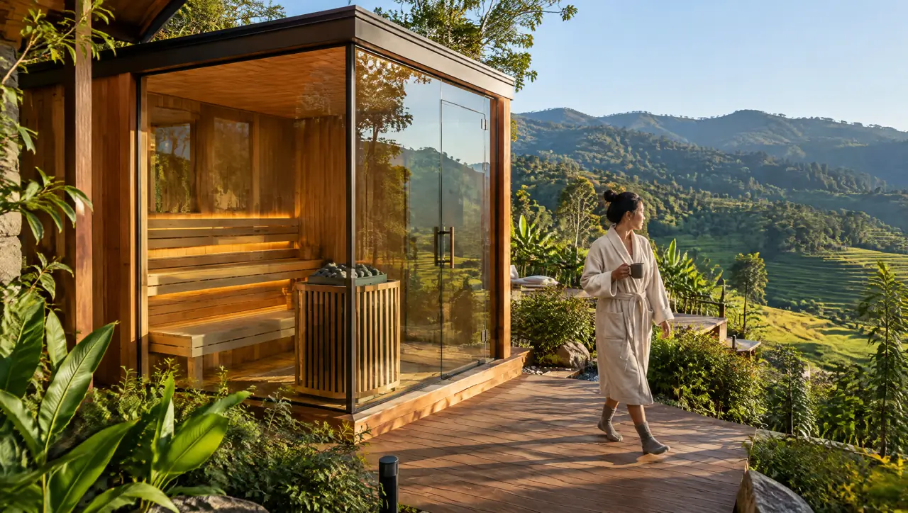 A hillside lodge near Mae Rim on a crisp cool-season morning with a corner glass sauna on a teak deck, terraced rice fields behind and a woman in a thick robe walking the path with a mug
