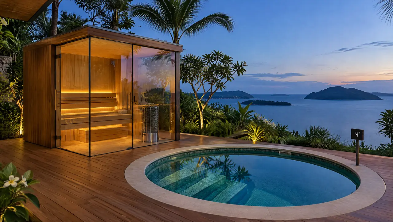 Finished Phuket villa terrace at dusk with a corner glass sauna, a round plunge pool flush with the teak deck and a small temperature display