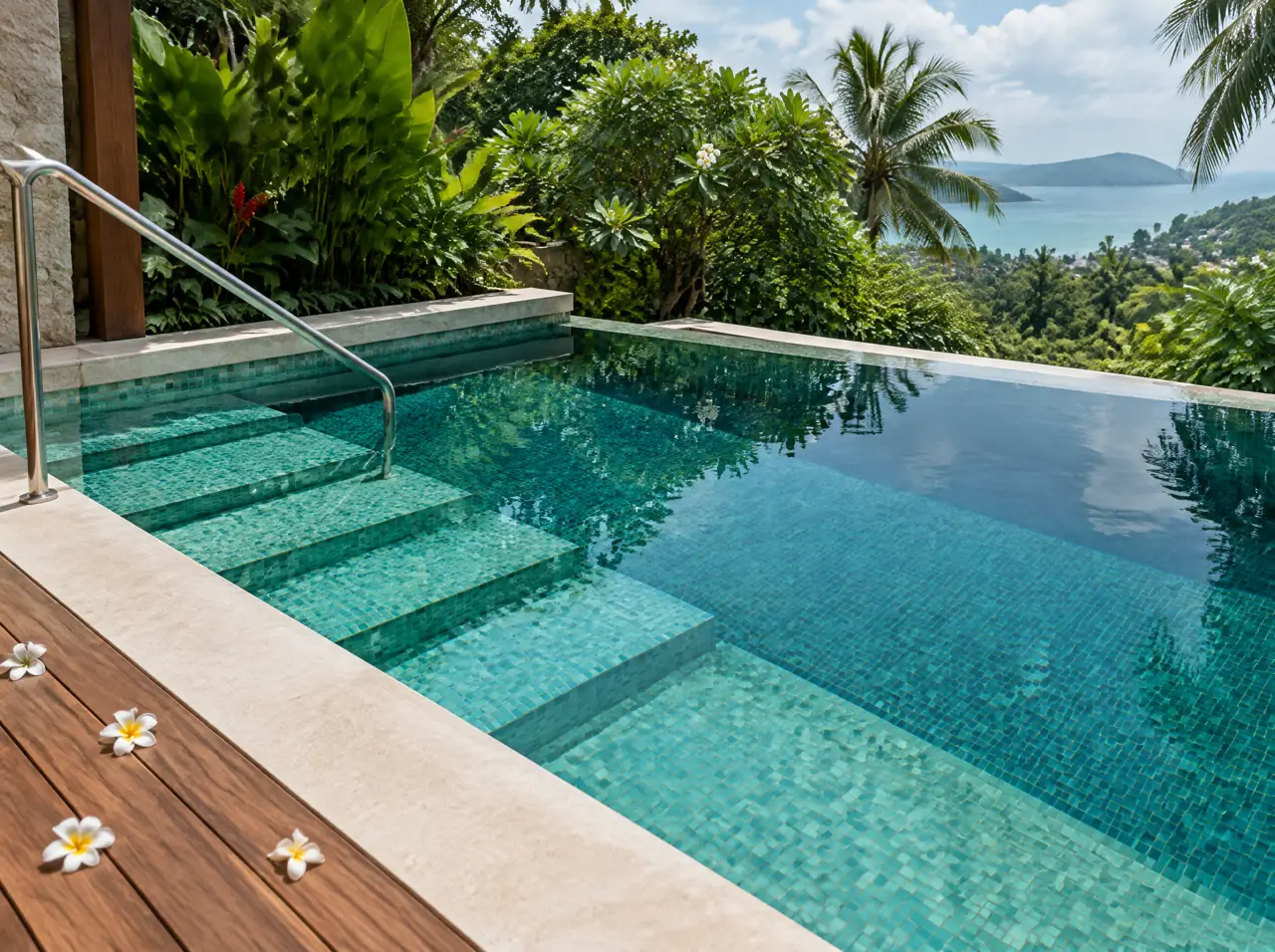 Detail of lagoon-teal glass mosaic, wide underwater steps, slim stainless rail and stone coping on a plunge pool
