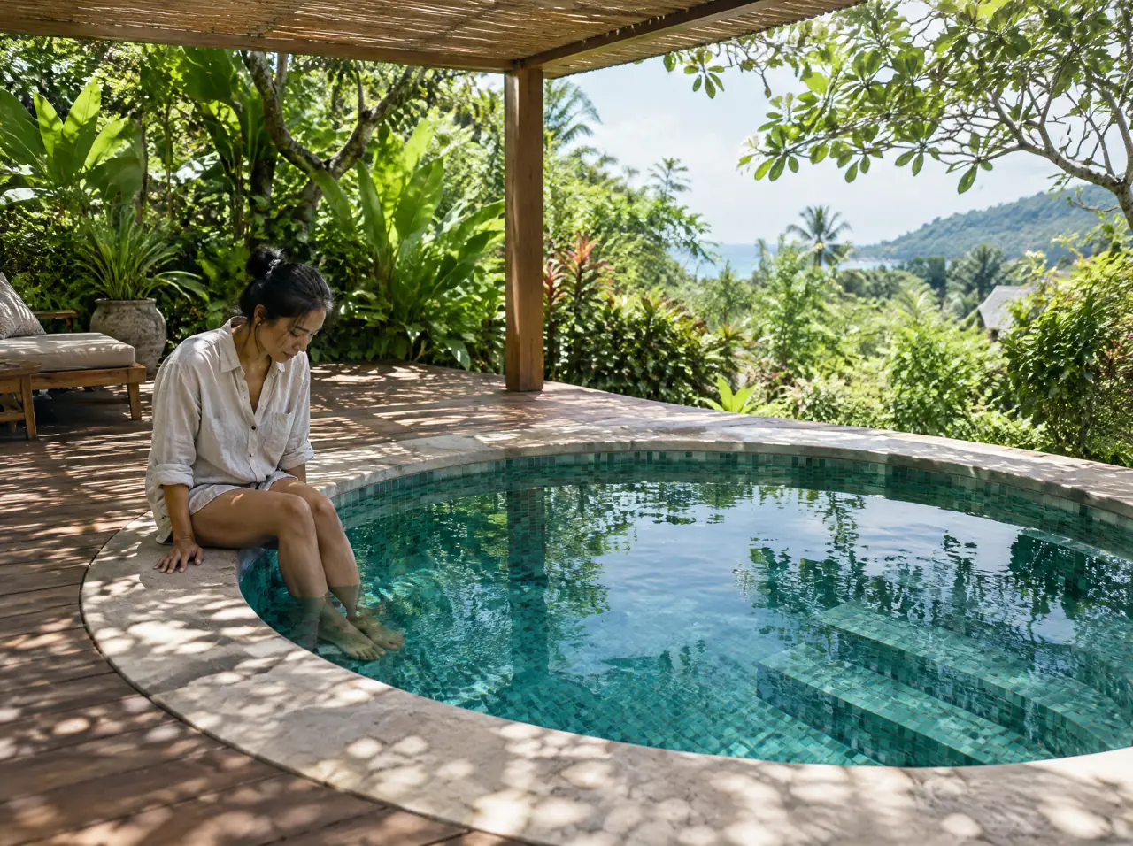 A Thai woman sitting on the coping of a round plunge pool shaded by a flat teak pergola at midday in Phuket, dappled leaf shadows on the deck, her feet in the water