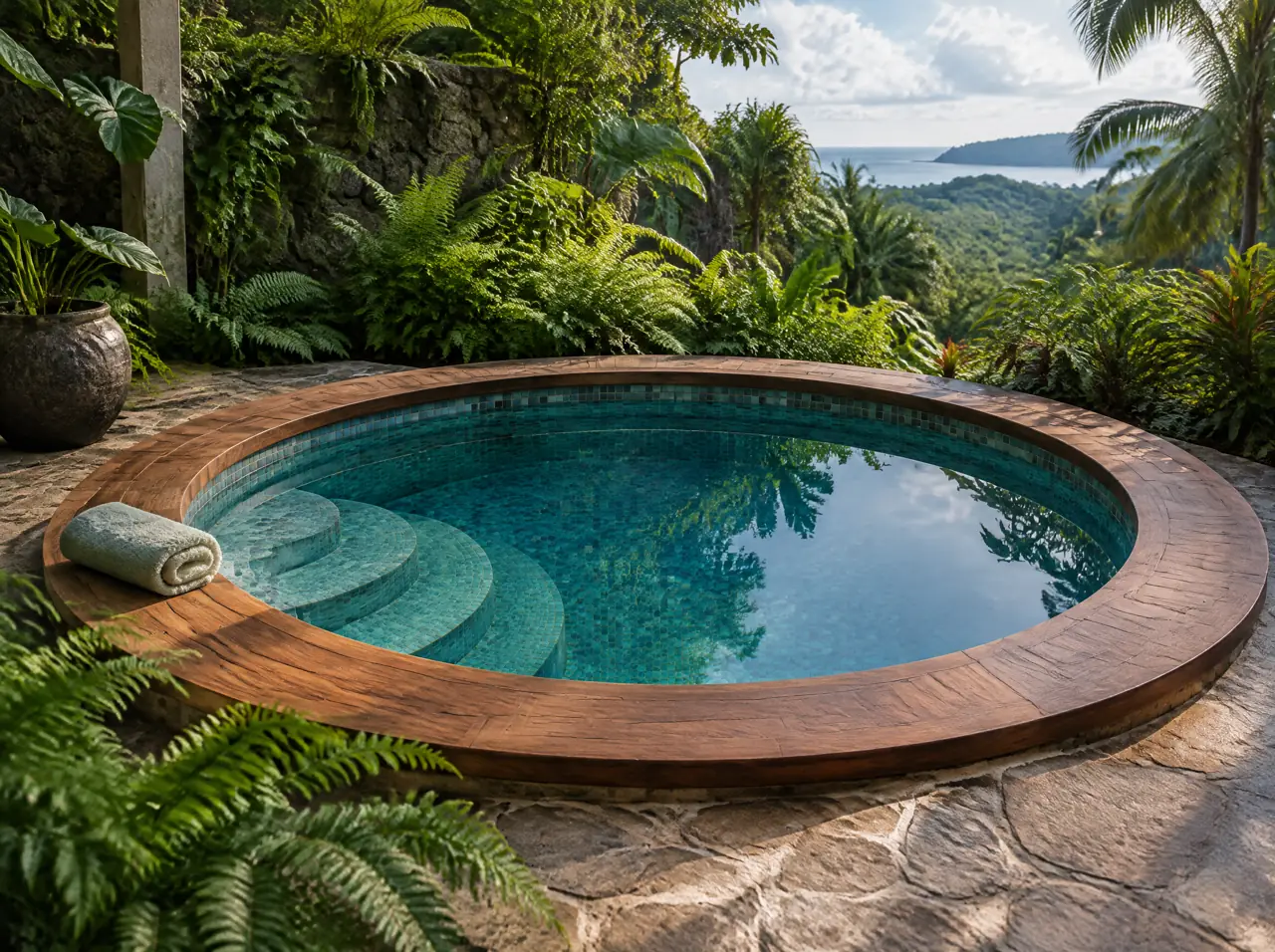 Plunge pool with a raised teak seat edge in a stone terrace with ferns