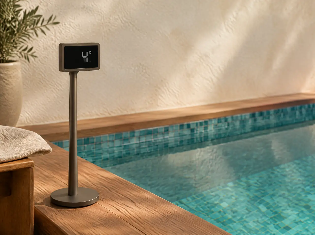 A slim stand beside a plunge pool holding a small plain display that shows the digit 4 and a degree sign, with lagoon-teal mosaic and still water softly blurred behind