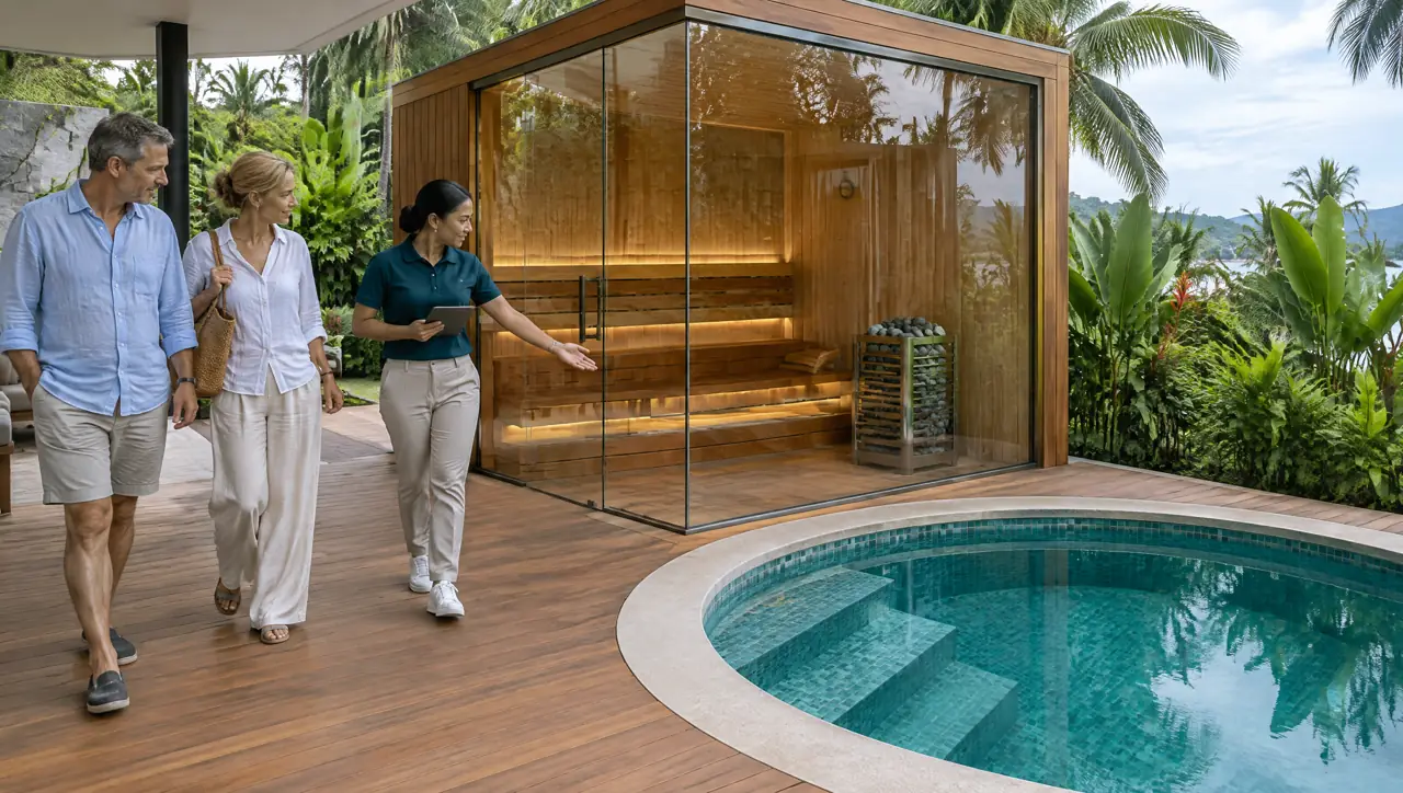 A villa manager showing a European couple a corner glass sauna and a plunge pool in Bang Tao, Phuket