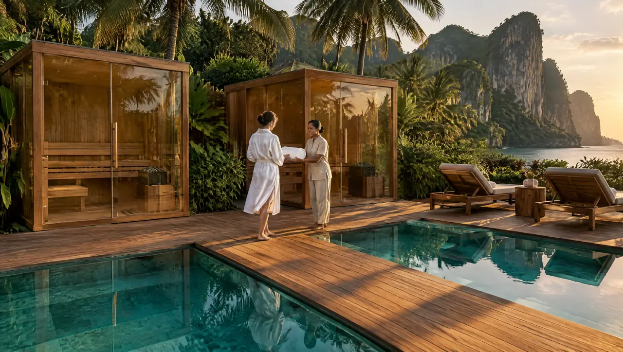 A resort attendant handing a towel to a guest between two glass saunas and cold pools at Klong Muang, Krabi