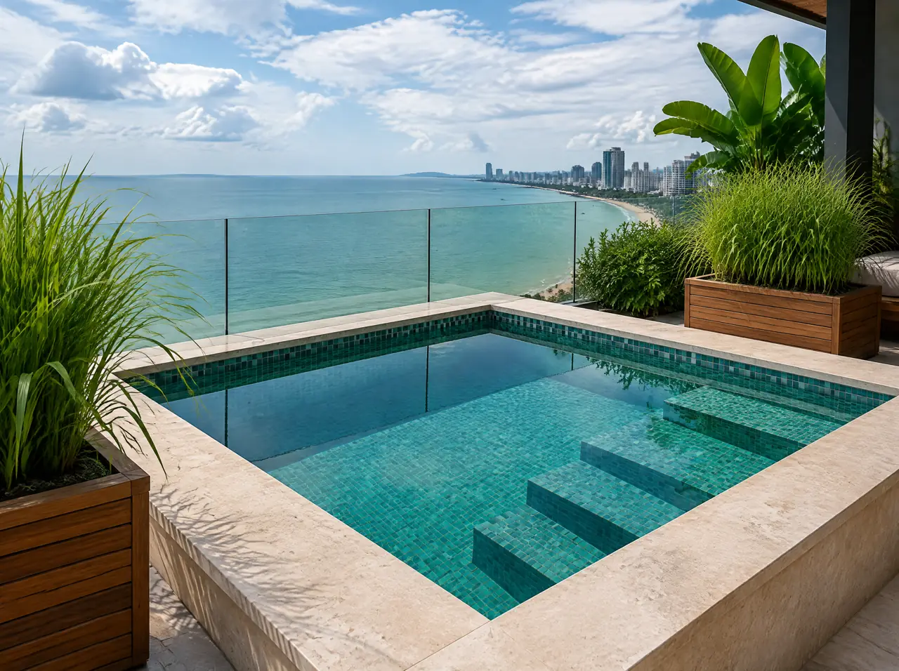 Rooftop square plunge pool with a glass balustrade and the Pattaya coastline beyond