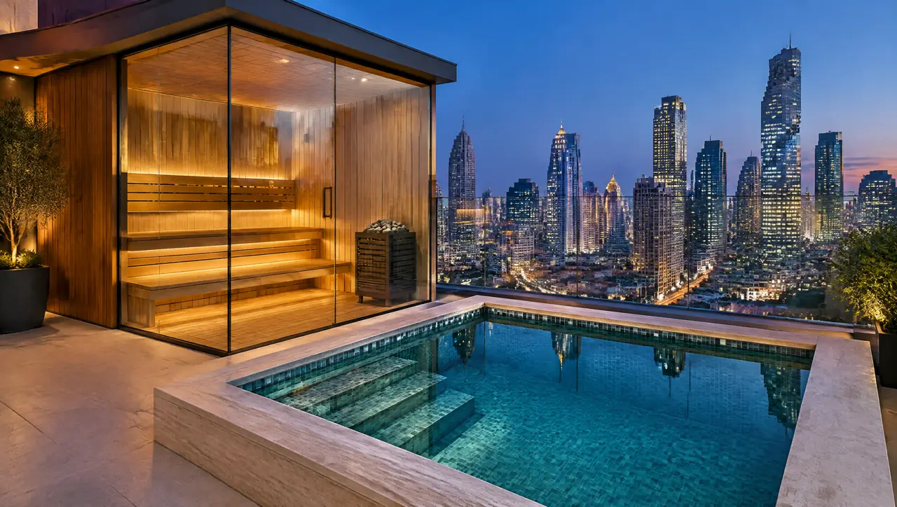 A private penthouse terrace in Sathorn, Bangkok at dusk with a corner glass sauna, a square plunge pool and a glass balustrade facing the towers of Sathorn and Silom