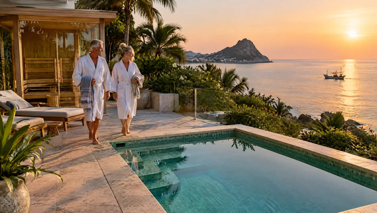 A seaside villa terrace at Khao Takiab, Hua Hin, at sunrise with a square plunge pool, a corner glass sauna and a retired European couple in robes walking along the deck, the Gulf of Thailand behind