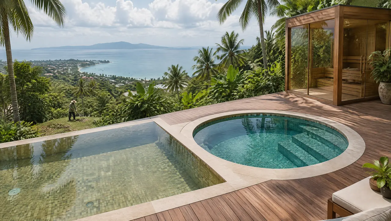 A jungle villa terrace above Bophut Bay on Koh Samui with a warm soaking pool and a round plunge pool side by side, a corner glass sauna and coconut palms with the Gulf of Thailand beyond