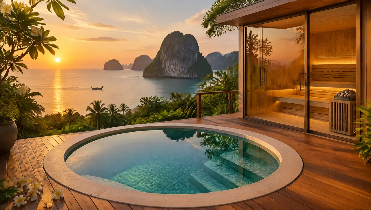A resort villa terrace at Klong Muang, Krabi, at sunset with a round plunge pool, a corner glass sauna and limestone karst islands rising from a calm sea with a longtail boat in the distance