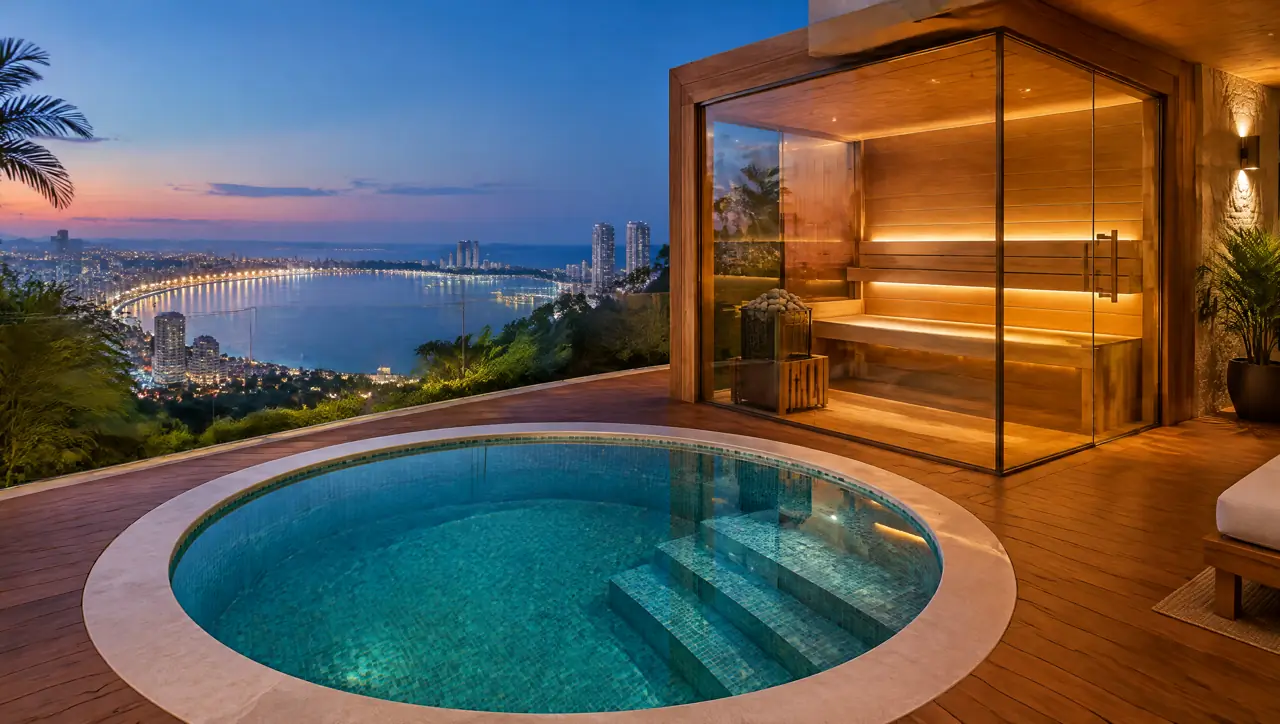 A hillside villa on Pratumnak Hill, Pattaya, at dusk with a round plunge pool and a corner glass sauna on a teak terrace, the lights of Pattaya Bay and the Jomtien towers far below