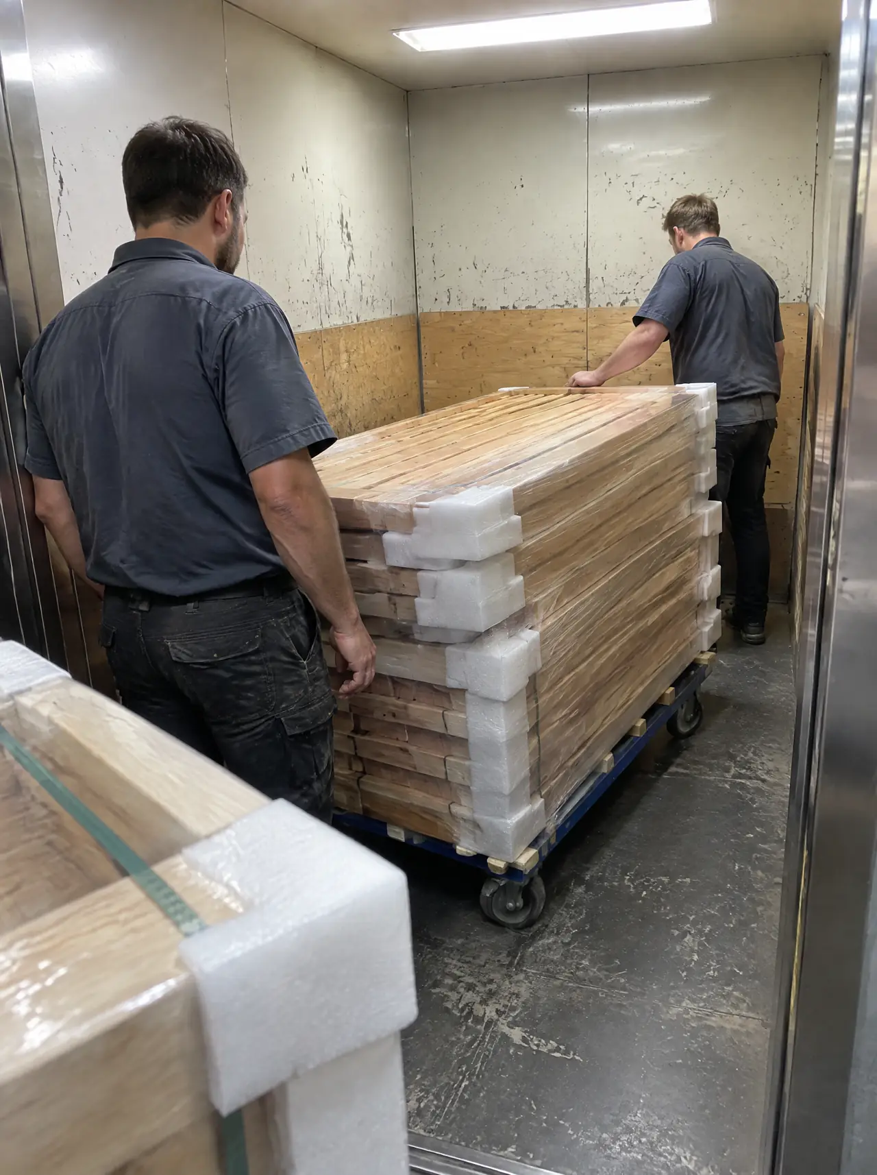 Two installers wheeling wrapped sauna panels on a trolley through a condominium service lift lined with protective boards