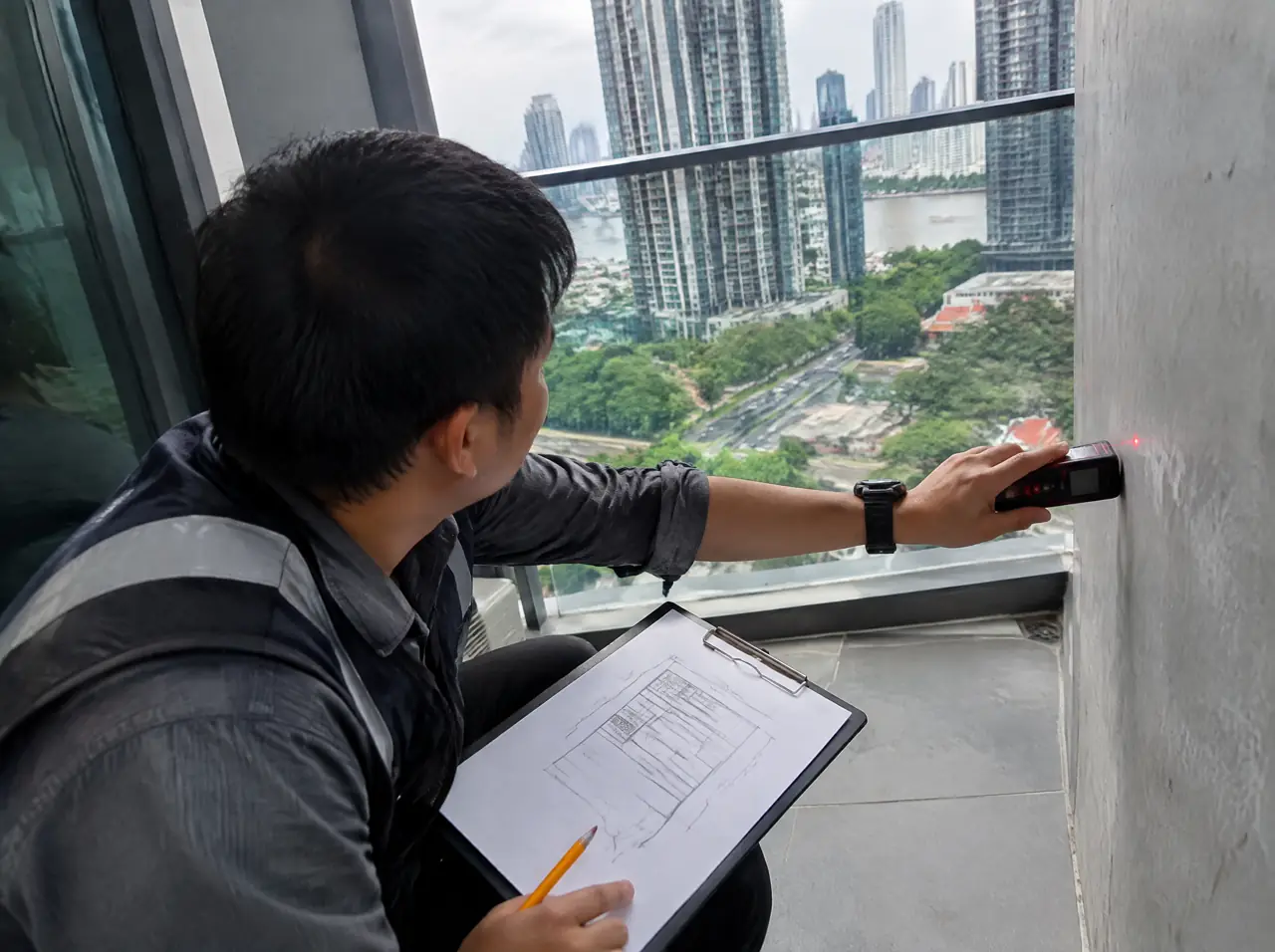 A surveyor crouching with a laser measure on a Bangkok condominium balcony, a clipboard with a sauna layout sketch on his knee