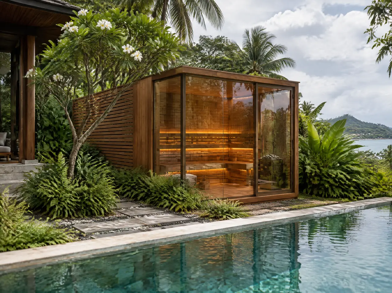 Small teak sauna with one panoramic glass wall and a glass door tucked beside a villa pool with a teak privacy screen