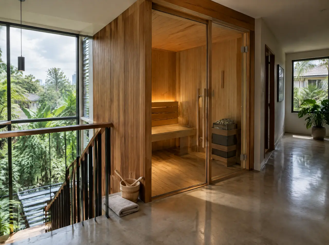 A solo glass-door sauna cabin of teak and cedar built into the upstairs landing of a Bangkok townhouse, with a towel and bucket beside the door