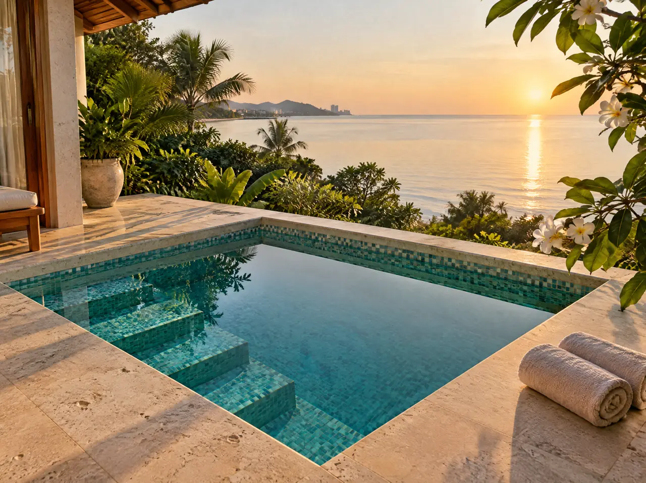 Square plunge pool with a pale travertine edge at seat height on a Hua Hin seaside terrace at sunrise