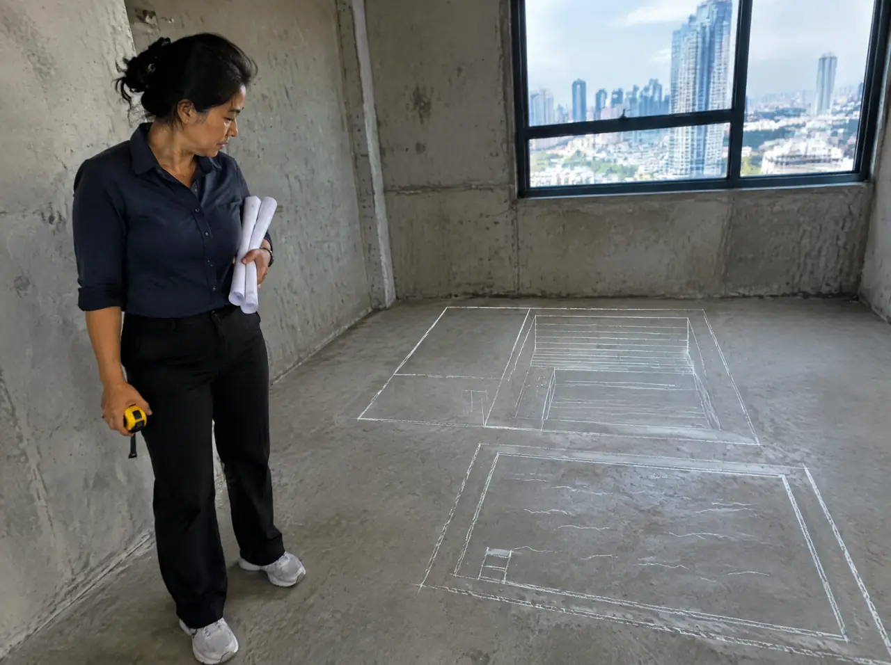 A woman holding rolled drawings and a tape measure looks down at the chalk outline of a sauna cabin and a small pool on the concrete floor of a bare 12 square metre condo room with a city window