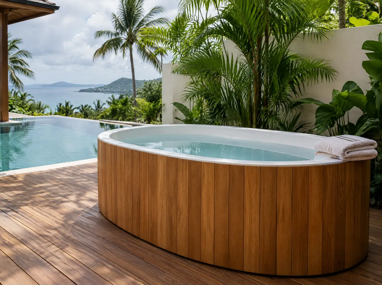 Oval cold tub clad in teak staves with a smooth white fibreglass liner visible above the water, on a shaded deck beside a villa pool on Koh Samui