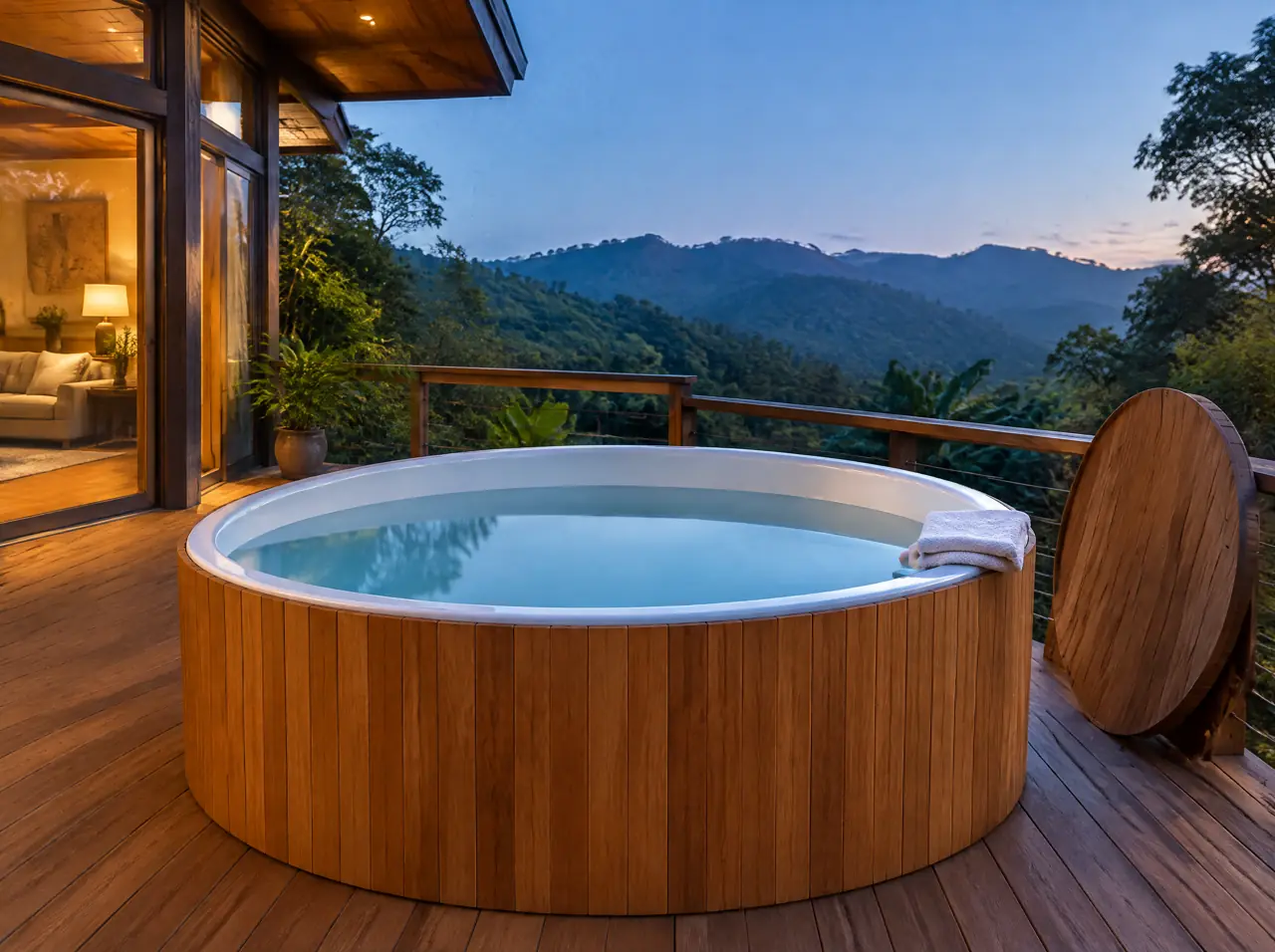 Round heated hot tub clad in teak staves with a smooth white liner above the waterline and no metal hoops, on a hillside deck near Chiang Mai at blue hour with its teak cover leaning on the rail