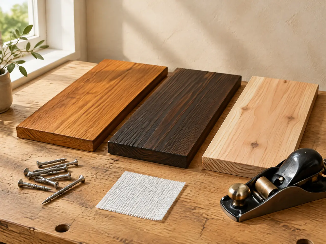 Flat-lay of timber sample boards on a workbench: honey teak, dark thermally modified timber and pale cedar, with stainless screws, a small square of white fibreglass liner and a block plane