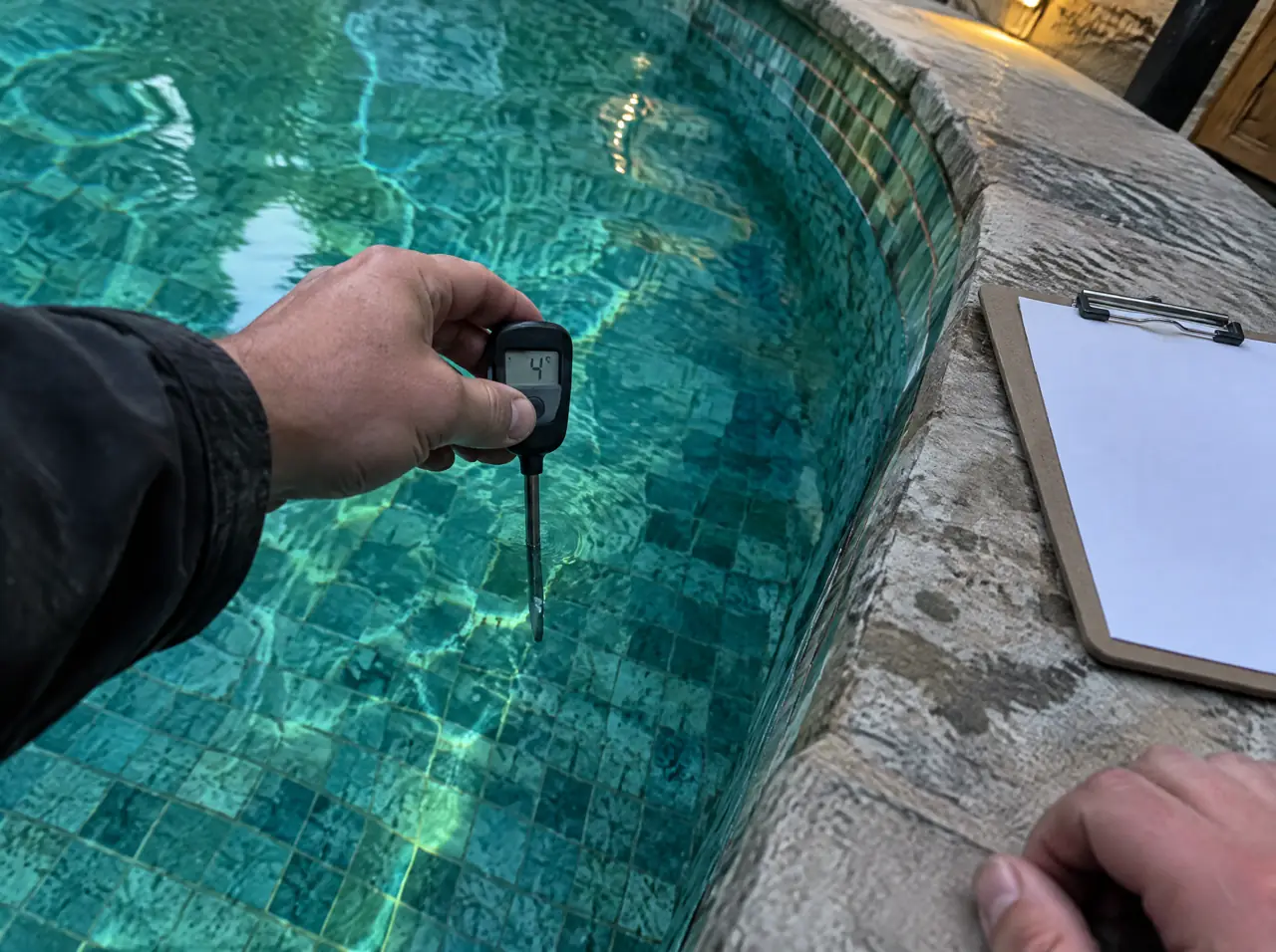 A hand holding a probe thermometer in the cold pool during the handover test, display showing 4 degrees, a clipboard on the stone edge